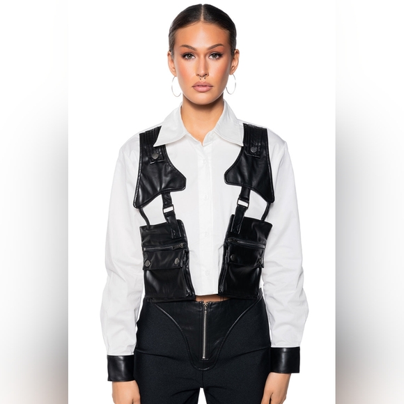 Faux Leather Pocket Poplin Shirt - Picture 1 of 7